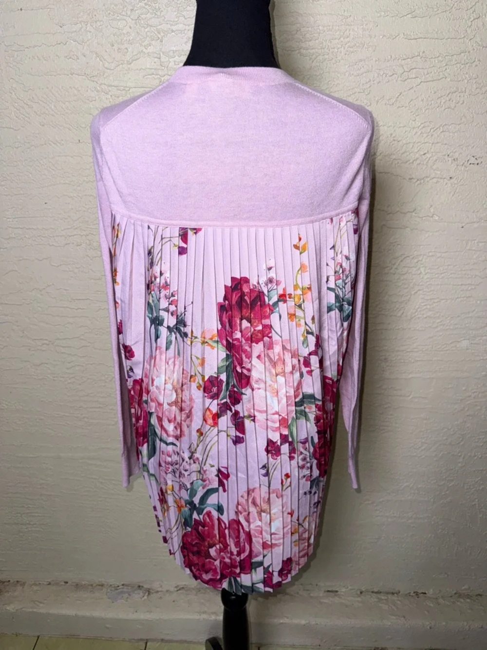 Ted Baker Kaleese Pink Pleated Floral Back‎ Sweater Silk Blend High-Low knit- S